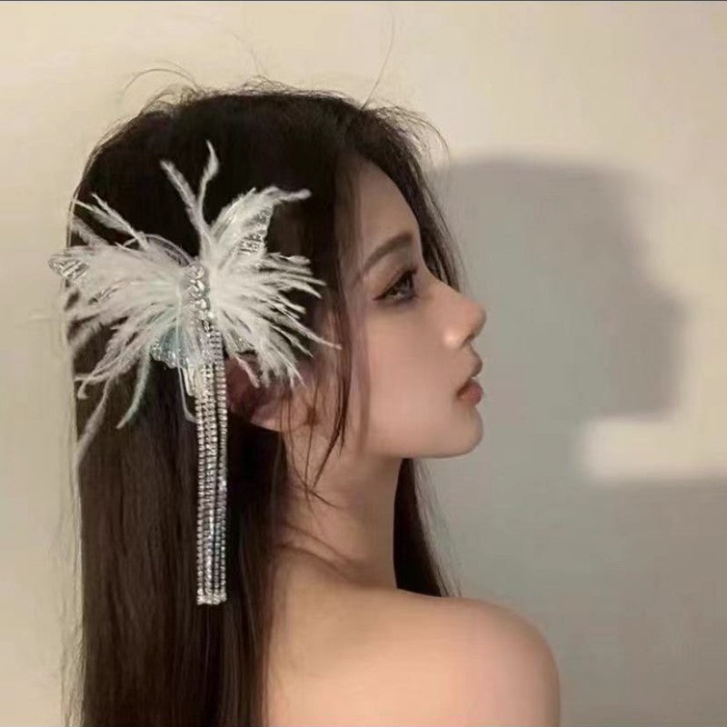 Hairpin Internet celebrity 2024 new style hairpin feather tassel super fairy design hair clip headdress hairpin female