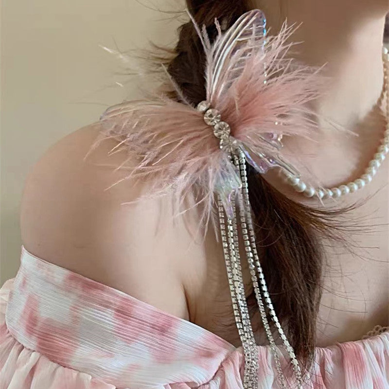 Hairpin Internet celebrity 2024 new style hairpin feather tassel super fairy design hair clip headdress hairpin female