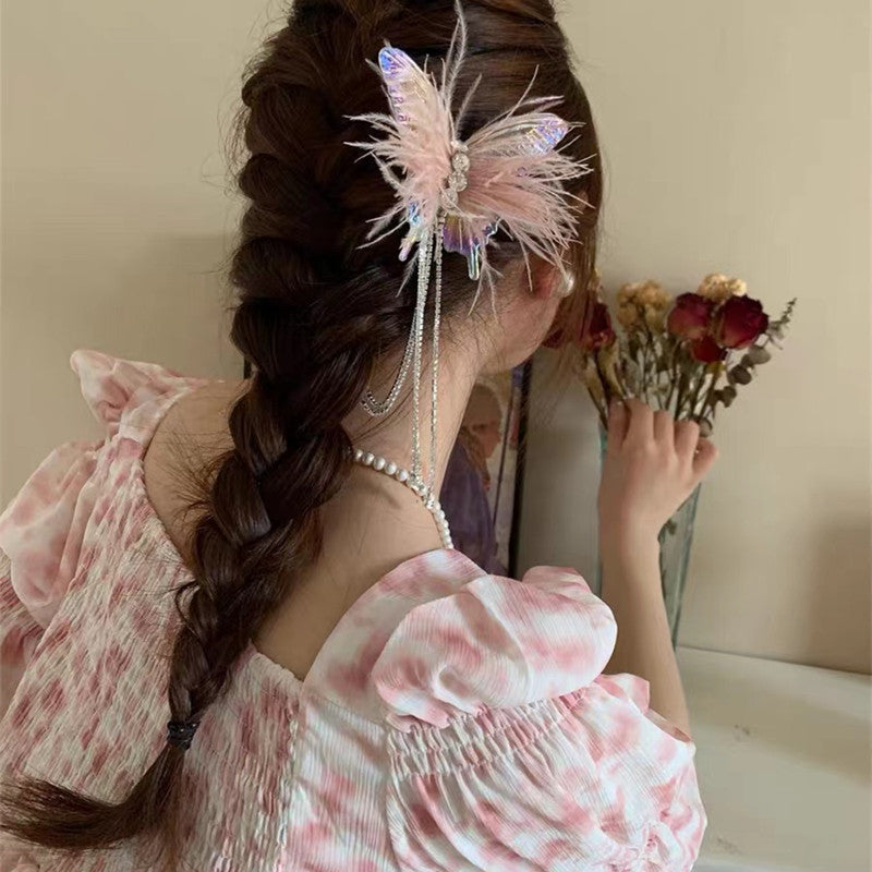 Hairpin Internet celebrity 2024 new style hairpin feather tassel super fairy design hair clip headdress hairpin female