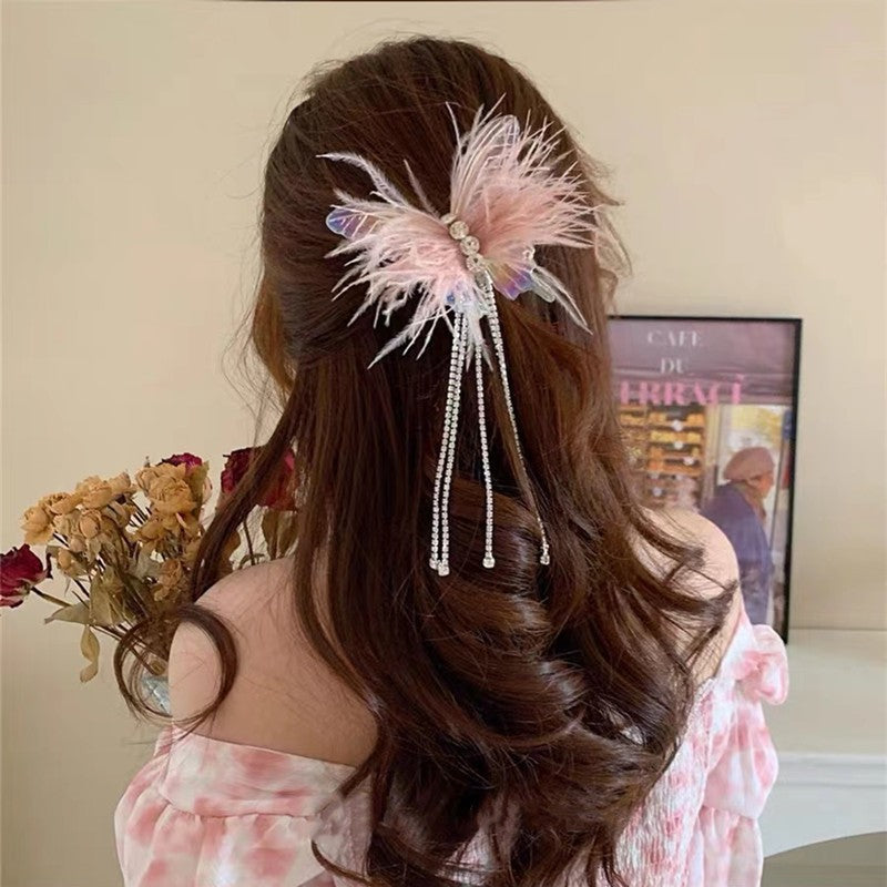 Hairpin Internet celebrity 2024 new style hairpin feather tassel super fairy design hair clip headdress hairpin female
