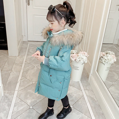 Girls' stylish cotton-padded jacket 2024 new winter medium-length down cotton jacket thick warm puffer jacket princess cotton-padded jacket