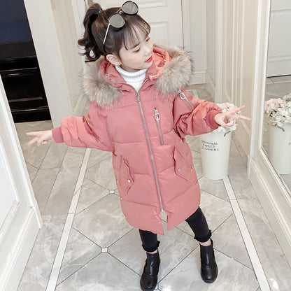 Girls' stylish cotton-padded jacket 2024 new winter medium-length down cotton jacket thick warm puffer jacket princess cotton-padded jacket