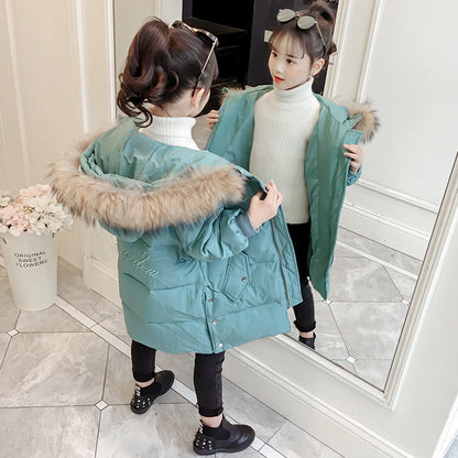 Girls' stylish cotton-padded jacket 2024 new winter medium-length down cotton jacket thick warm puffer jacket princess cotton-padded jacket