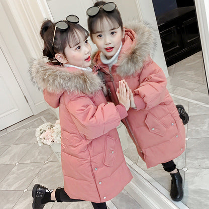 Girls' stylish cotton-padded jacket 2024 new winter medium-length down cotton jacket thick warm puffer jacket princess cotton-padded jacket