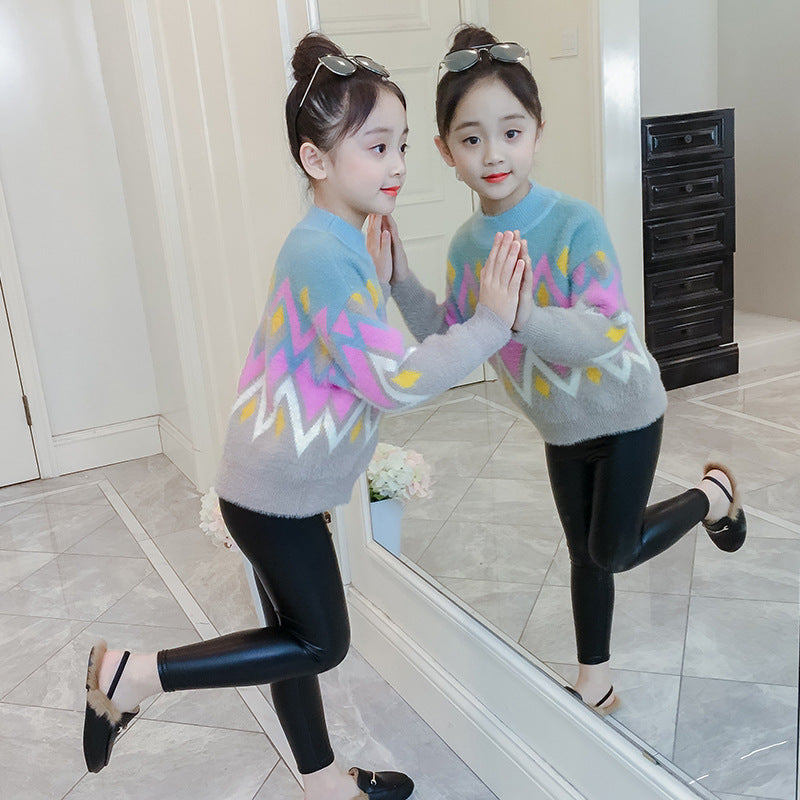 Girls sweater 2024 new winter clothes stylish children's thick pullover knitted sweater jacket top