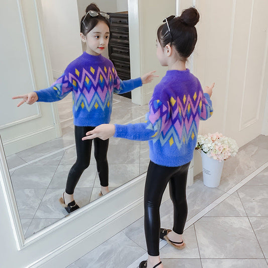 Girls sweater 2024 new winter clothes stylish children's thick pullover knitted sweater jacket top