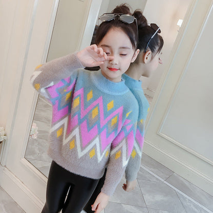 Girls sweater 2024 new winter clothes stylish children's thick pullover knitted sweater jacket top