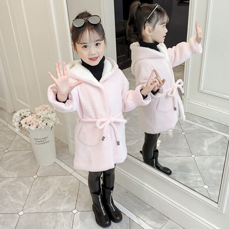 Girls 2024 new winter imitation coat mink velvet coat children's thick woolen coat girl's style woolen-length coat