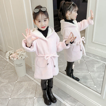 Girls 2024 new winter imitation mink coat children's thickened woolen coat girls stylish medium and long woolen