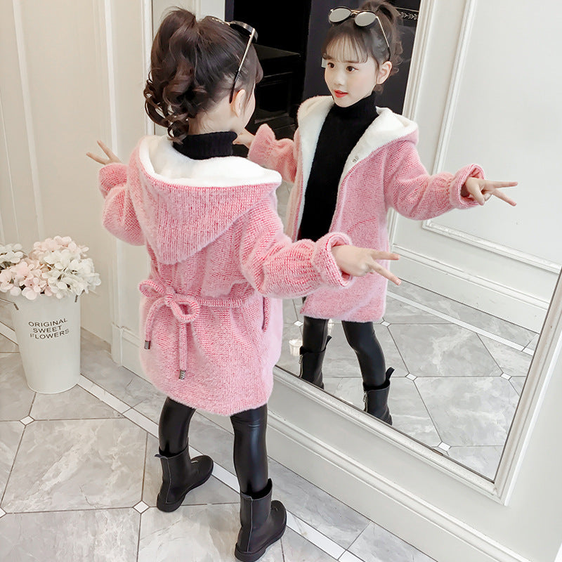 Girls 2024 new winter imitation coat mink velvet coat children's thick woolen coat girl's style woolen-length coat