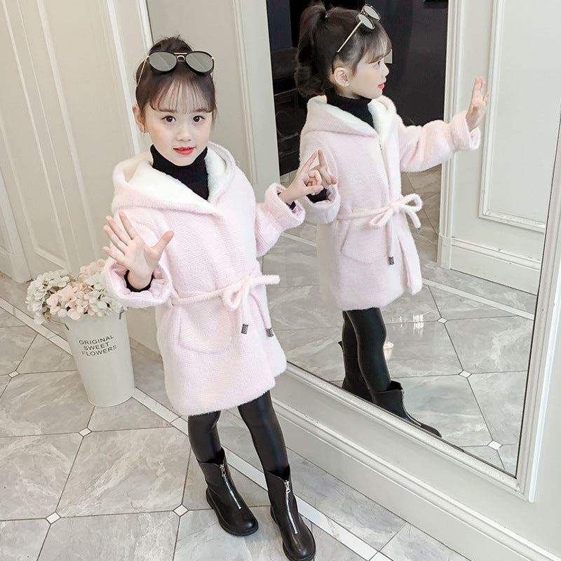 Girls 2024 new winter imitation coat mink velvet coat children's thick woolen coat girl's style woolen-length coat