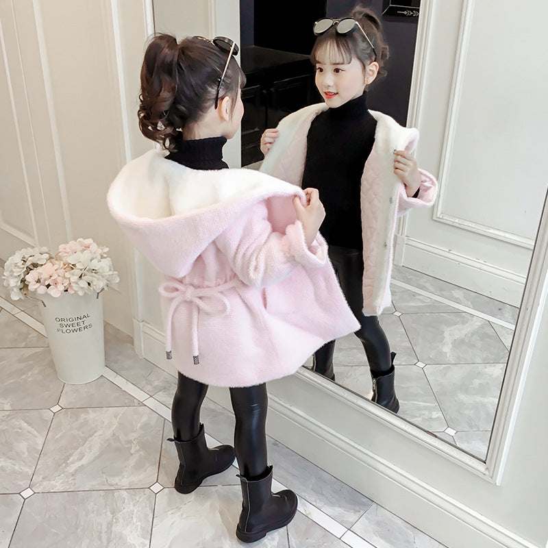 Girls 2024 new winter imitation mink coat children's thickened woolen coat girls stylish medium and long woolen