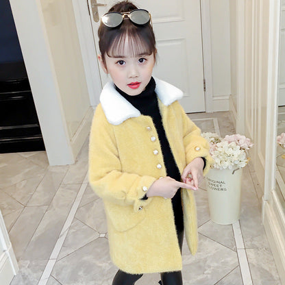 Girls woolen coat 2024 new winter thickened stylish middle and large children's new year clothes medium and long coat woolen cotton