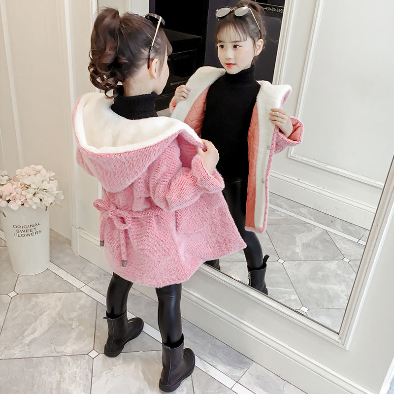 Girls 2024 new winter imitation coat mink velvet coat children's thick woolen coat girl's style woolen-length coat