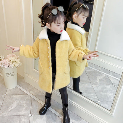 Girls woolen coat 2024 new winter thickened stylish middle and large children's new year clothes medium and long coat woolen cotton