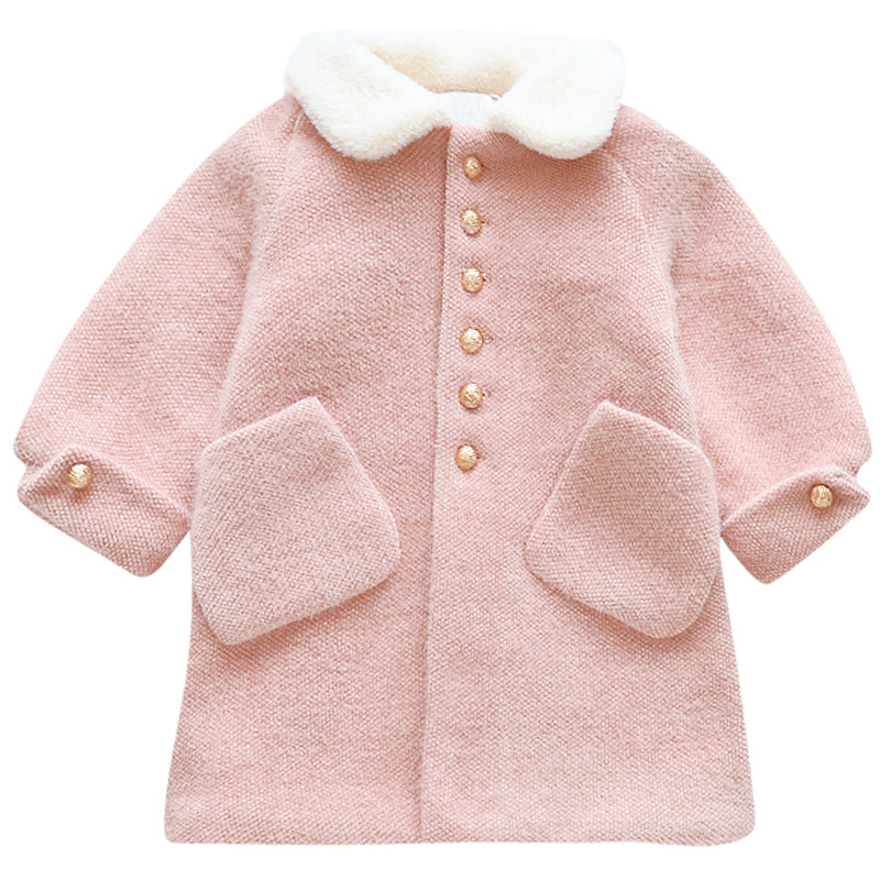 Girls woolen coat 2024 new winter thickened stylish middle and large children's new year clothes medium and long coat woolen cotton