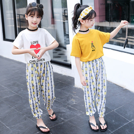 Girls suit 2024 new summer clothes stylish short-sleeved T-shirt anti-mosquito pants children's pants two-piece suit