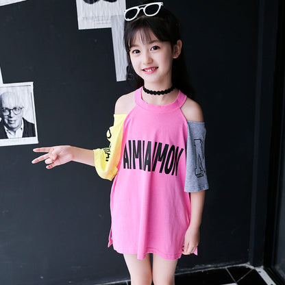 Girls short-sleeved T-shirt 2024 new summer clothes for children, middle and large children, fashionable T-shirt pullover knitted cotton sweater tops