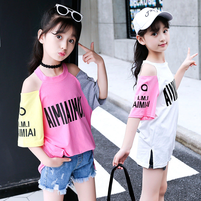 Girls short-sleeved T-shirt 2024 new summer clothes for children, middle and large children, fashionable T-shirt pullover knitted cotton sweater tops