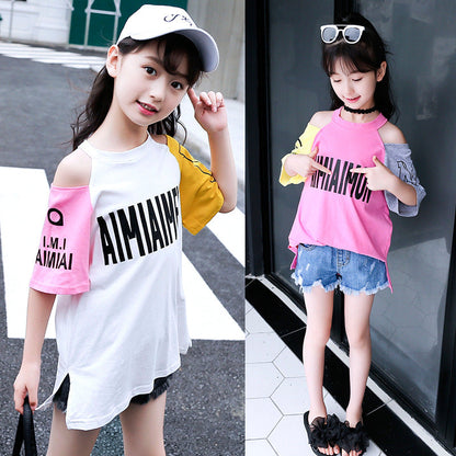 Girls short-sleeved T-shirt 2024 new summer clothes for children, middle and large children, fashionable T-shirt pullover knitted cotton sweater tops