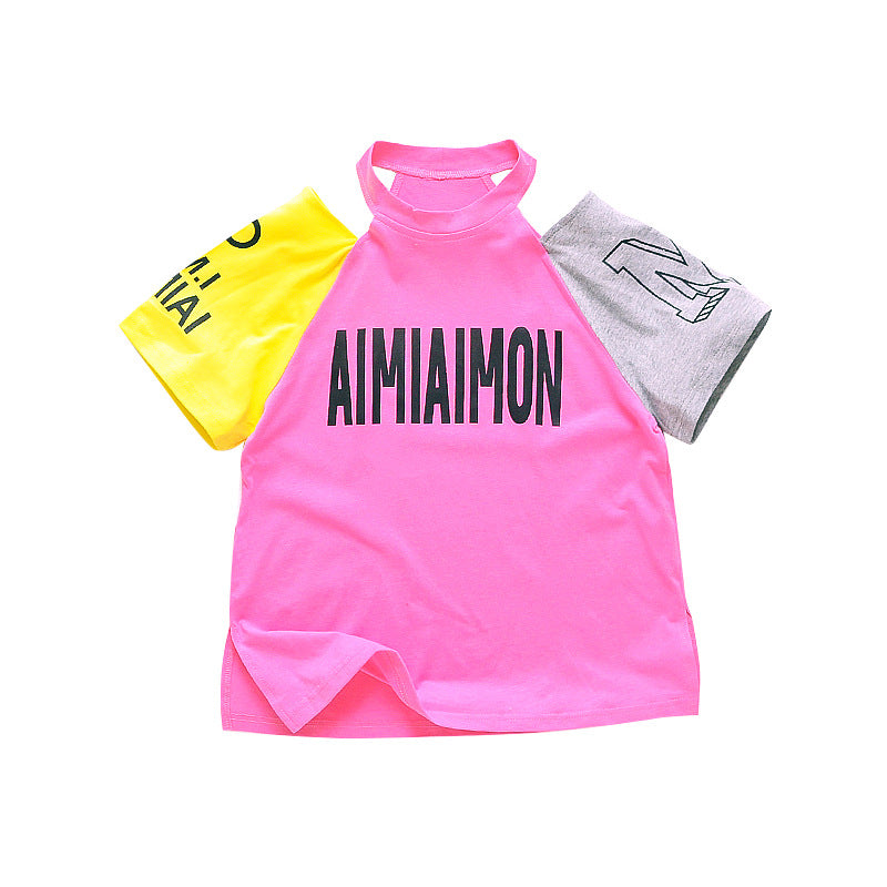 Girls short-sleeved T-shirt 2024 new summer clothes for children, middle and large children, fashionable T-shirt pullover knitted cotton sweater tops