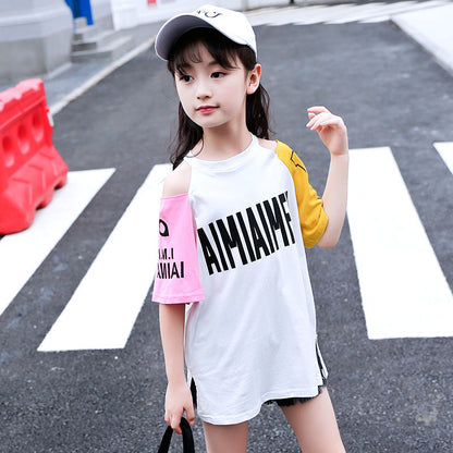 Girls short-sleeved T-shirt 2024 new summer clothes for children, middle and large children, fashionable T-shirt pullover knitted cotton sweater tops