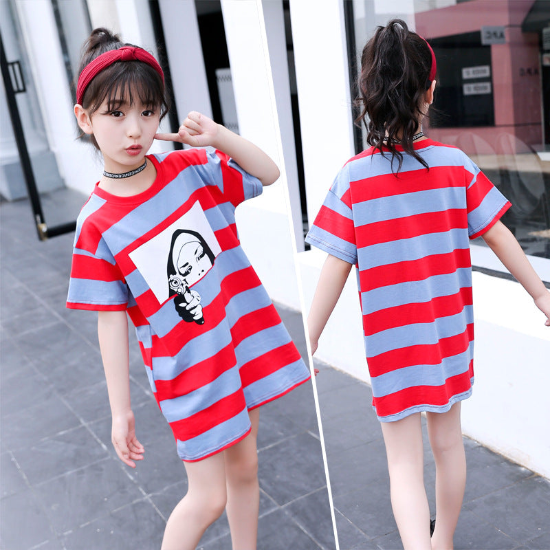 Girls short-sleeved T-shirt 2024 new summer clothes for children, medium and large children, cotton T-shirt pullover knitted cotton sweater top trend