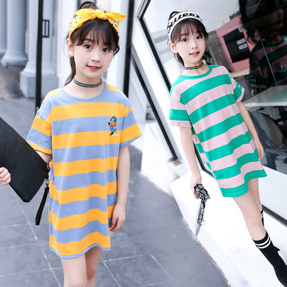 Girls short-sleeved T-shirt 2024 new summer clothes for children, medium and large children, cotton T-shirt pullover knitted cotton sweater top trend