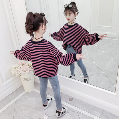 Girls T-shirt 2024 new spring and autumn long-sleeved T-shirt for middle and large children, fashionable and versatile striped bottoming shirt, round neck top