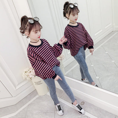 Girls T-shirt 2024 new spring and autumn long-sleeved T-shirt for middle and large children, fashionable and versatile striped bottoming shirt, round neck top