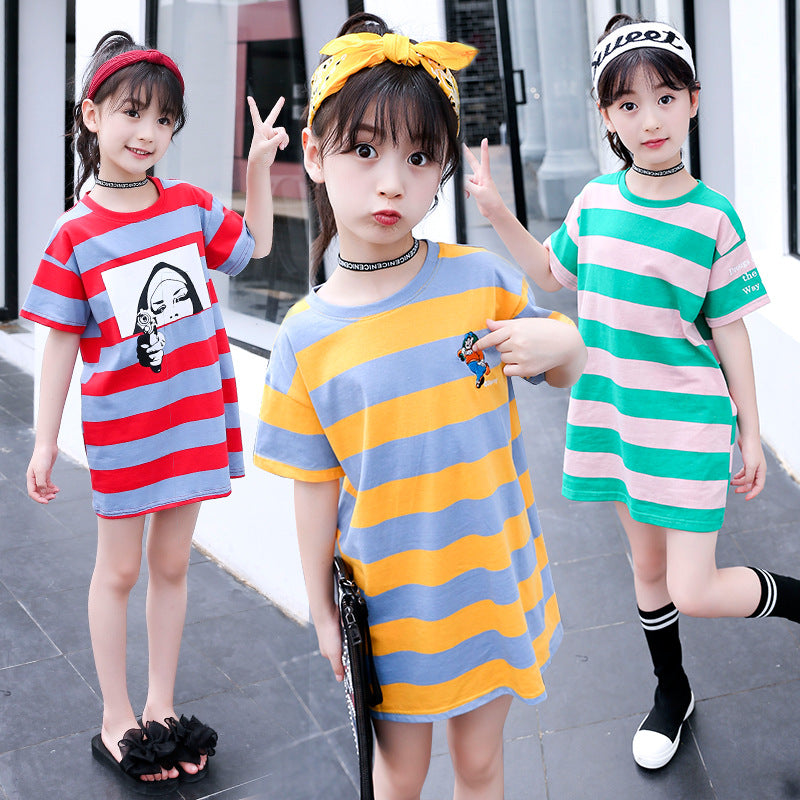 Girls short-sleeved T-shirt 2024 new summer clothes for children, medium and large children, cotton T-shirt pullover knitted cotton sweater top trend