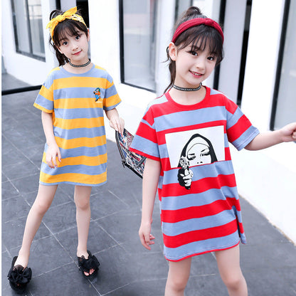 Girls short-sleeved T-shirt 2024 new summer clothes for children, medium and large children, cotton T-shirt pullover knitted cotton sweater top trend