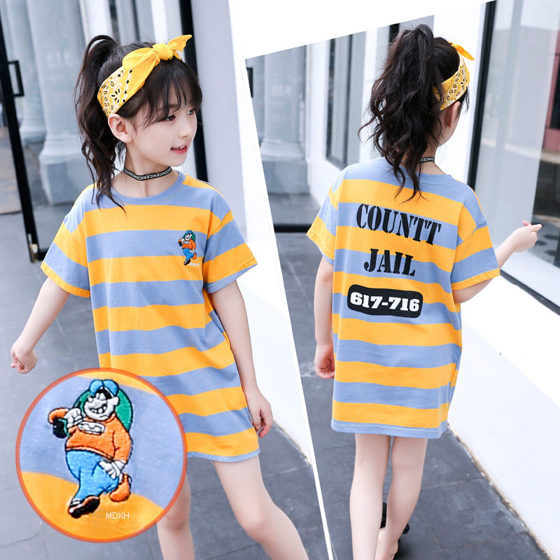 Girls short-sleeved T-shirt 2024 new summer clothes for children, medium and large children, cotton T-shirt pullover knitted cotton sweater top trend