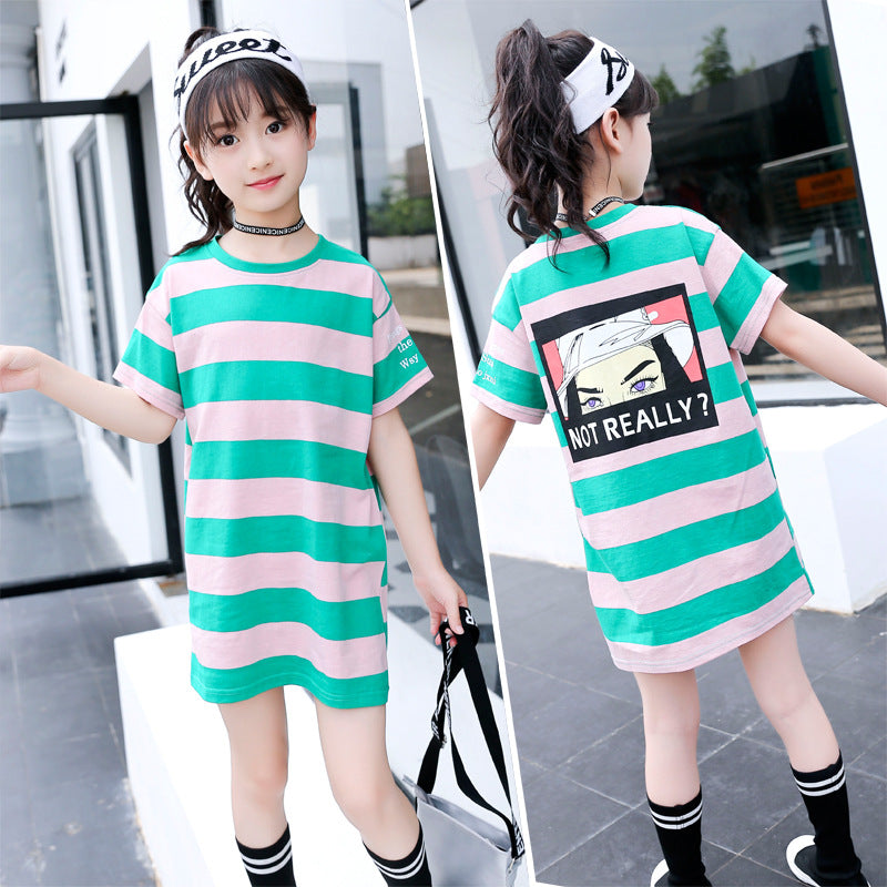 Girls short-sleeved T-shirt 2024 new summer clothes for children, medium and large children, cotton T-shirt pullover knitted cotton sweater top trend