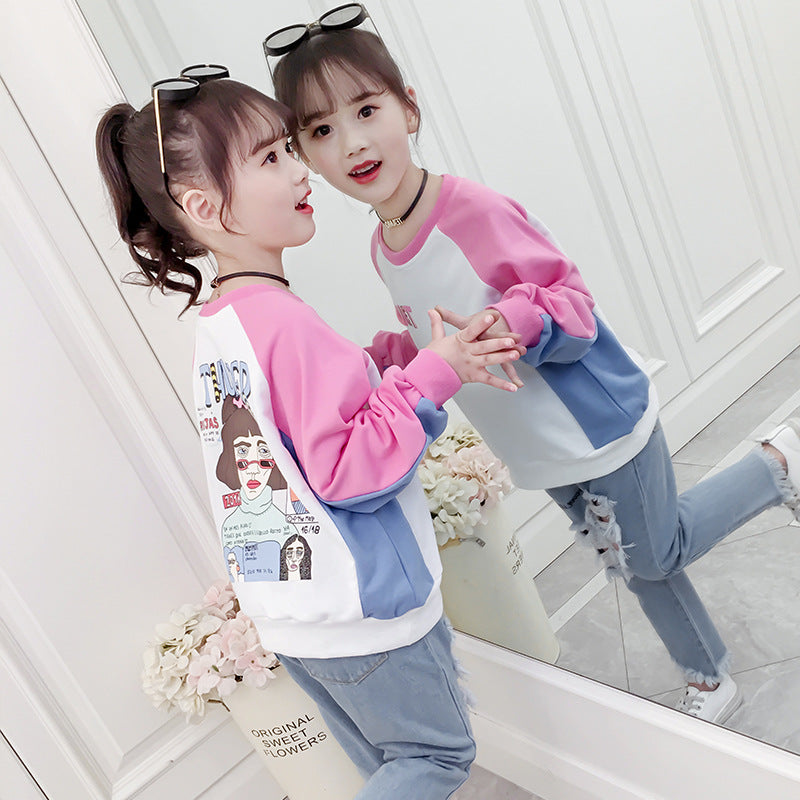 Girls' bottoming shirt 2024 new spring and autumn T-shirts for middle and large children long-sleeved cartoon printed T-shirts fashionable pullover tops