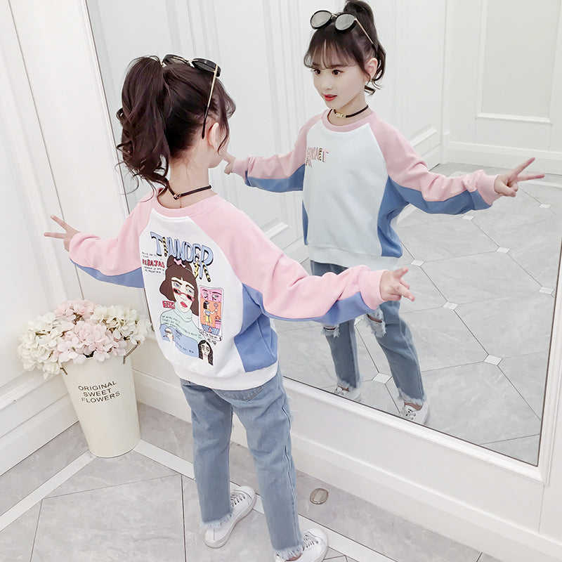 Girls' bottoming shirt 2024 new spring and autumn T-shirts for middle and large children long-sleeved cartoon printed T-shirts fashionable pullover tops