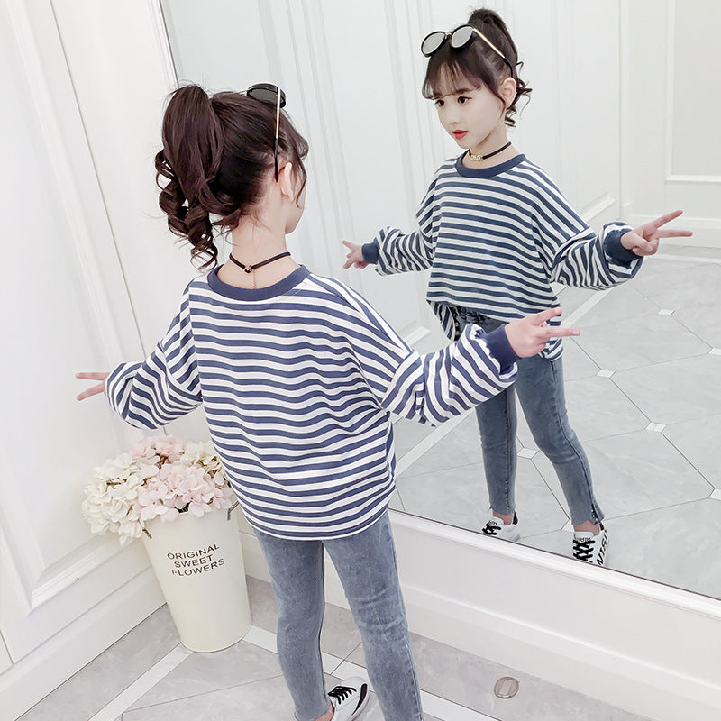 Girls T-shirt 2024 new spring and autumn long-sleeved striped T-shirt for middle and large children Korean style loose round neck top trend