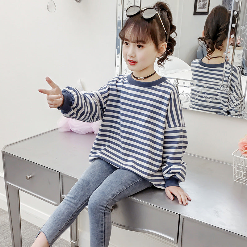 Girls T-shirt 2024 new spring and autumn long-sleeved striped T-shirt for middle and large children Korean style loose round neck top trend