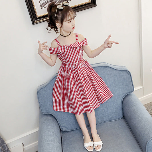 Girls dress 2024 new summer clothes for middle and large children pure cotton off-shoulder suspender dress fashionable lady cotton princess dress