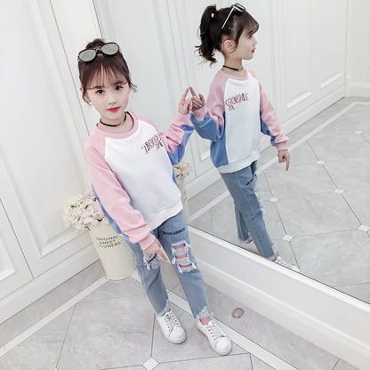 Girls' bottoming shirt 2024 new spring and autumn T-shirts for middle and large children long-sleeved cartoon printed T-shirts fashionable pullover tops