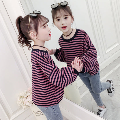 Girls T-shirt 2024 new spring and autumn long-sleeved T-shirt for middle and large children, fashionable and versatile striped bottoming shirt, round neck top