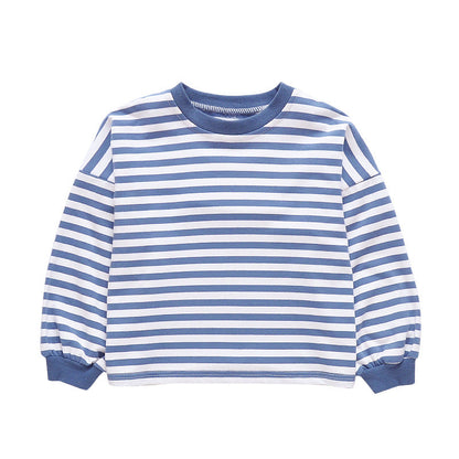 Girls T-shirt 2024 new spring and autumn long-sleeved striped T-shirt for middle and large children Korean style loose round neck top trend