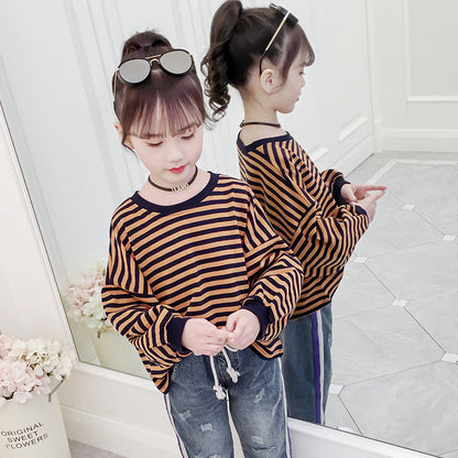 Girls T-shirt 2024 new spring and autumn long-sleeved T-shirt for middle and large children, fashionable and versatile striped bottoming shirt, round neck top