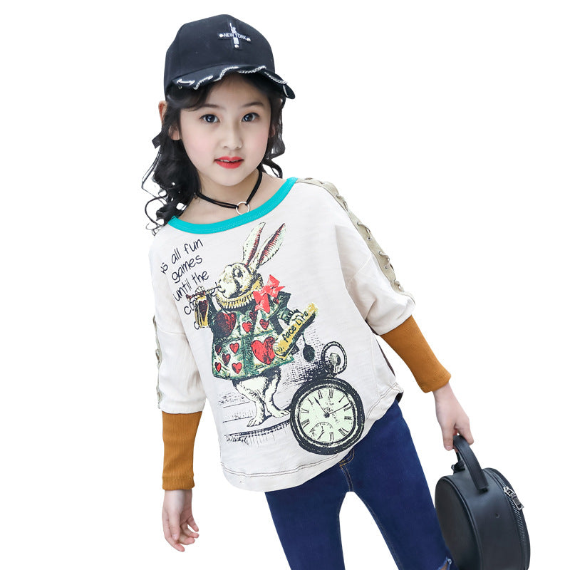 Children's clothing girls T-shirt 2024 new spring long-sleeved T-shirt children's Korean version printed trendy tops medium and large children's bottoming shirt