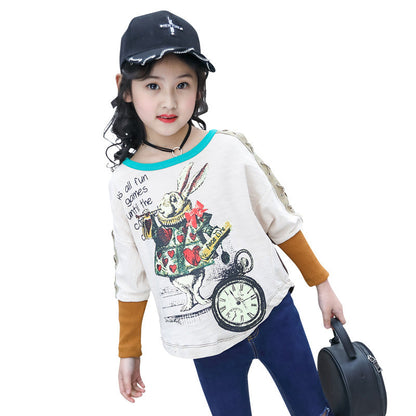 Children's clothing girls T-shirt 2024 new spring long-sleeved T-shirt children's Korean version printed trendy tops medium and large children's bottoming shirt