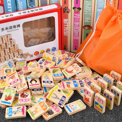 Hot selling double-sided rounded corner 100 word domino wooden building blocks children's toys educational early education toys