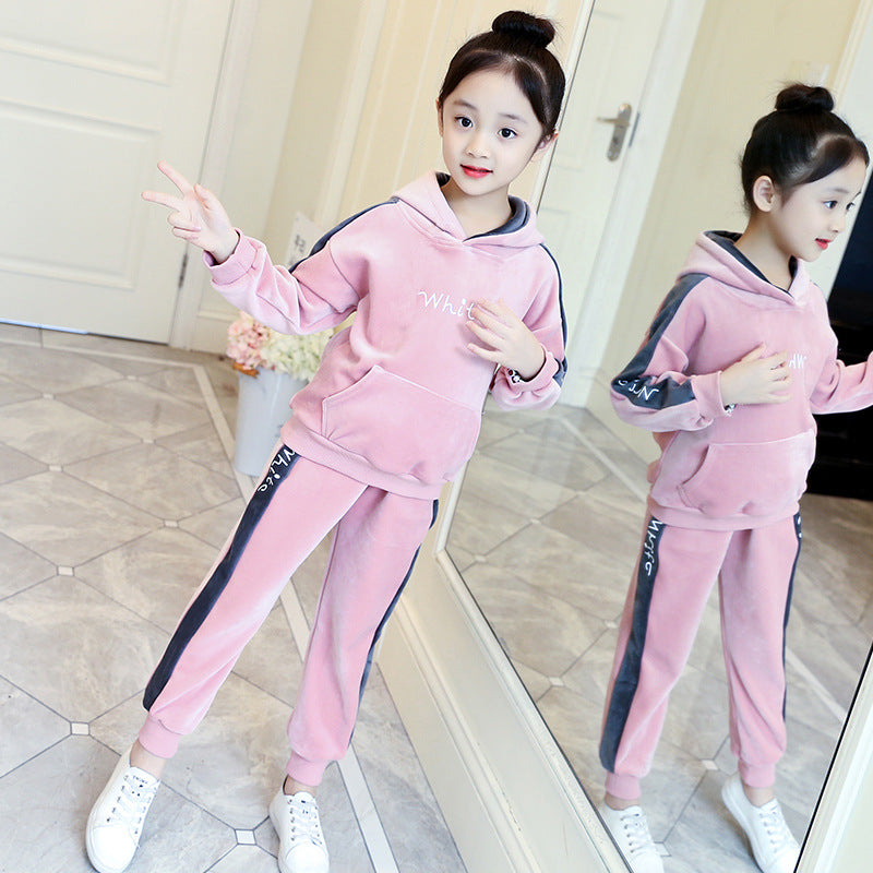 Girls plus velvet suit 2024 new winter clothes stylish children's medium and large children's thickened fashionable hooded two-piece suit trendy