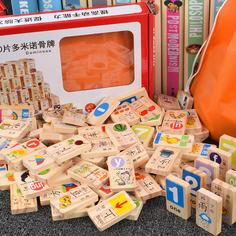 Hot selling double-sided rounded corner 100 word domino wooden building blocks children's toys educational early education toys