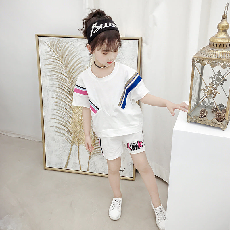 Girls' stylish suits 2024 new summer cotton sweaters fashionable and stylish casual children's two-piece suits for big and small children