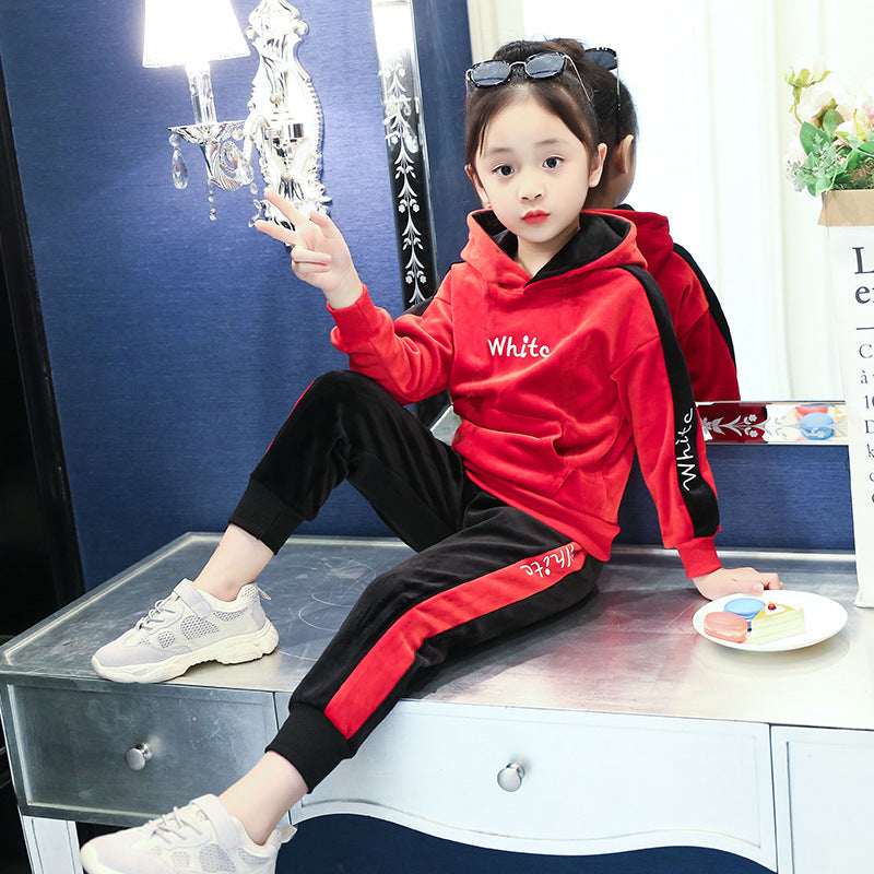 Girls plus velvet suit 2024 new winter clothes stylish children's medium and large children's thickened fashionable hooded two-piece suit trendy